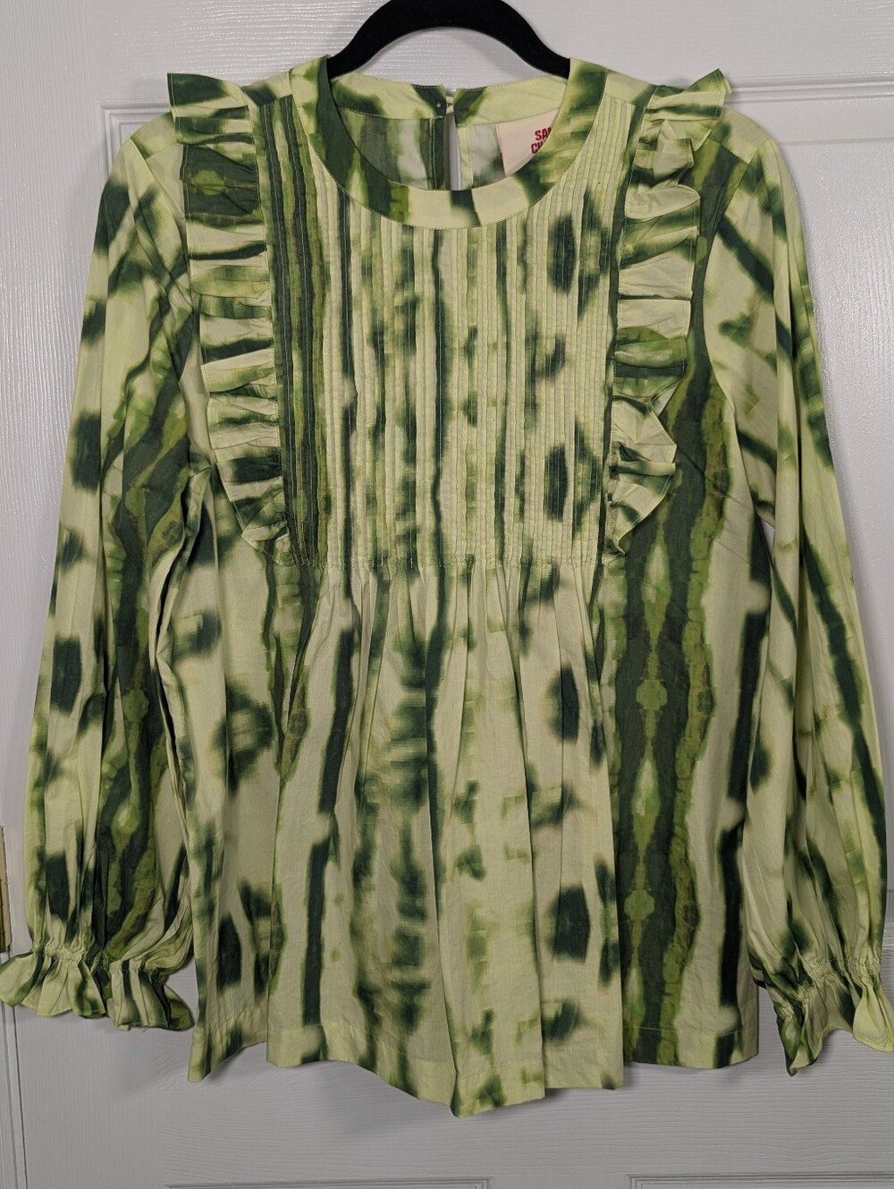 Anthropologie Samant Chauhan Emilia Green Tie-Dye Ruffle Pintuck Blouse Size S